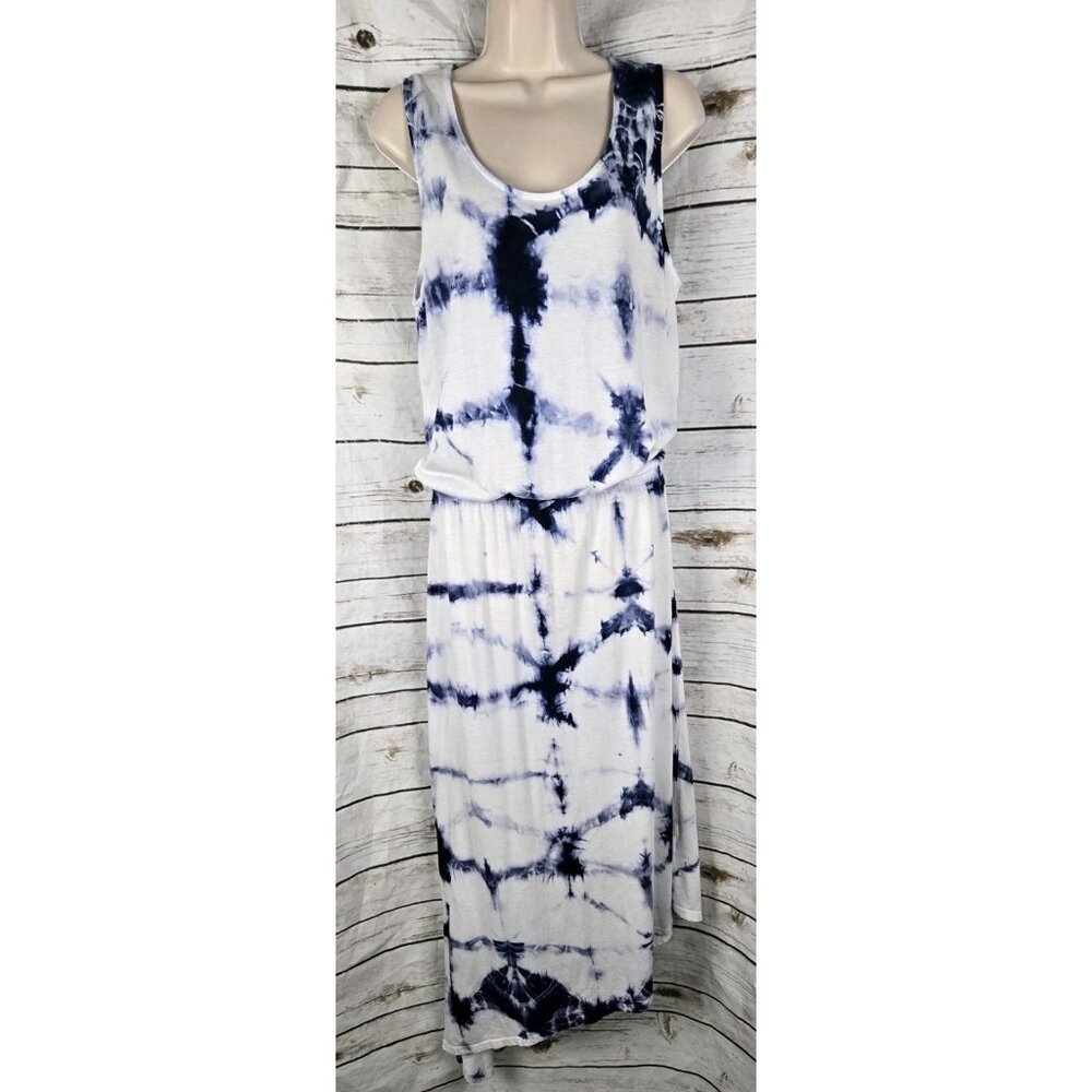 Vintage Fresh Produce Dress L Blue White Sleeveless Tank Asymmetrical